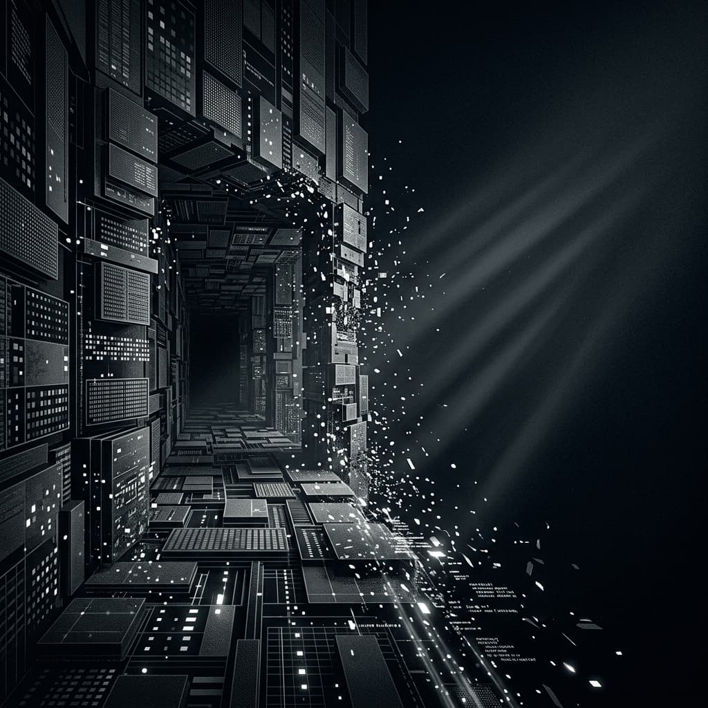 A towering wall of glowing digital archives dissolving into a dark void with beams of white light, representing the liberation from infinite data hoarding