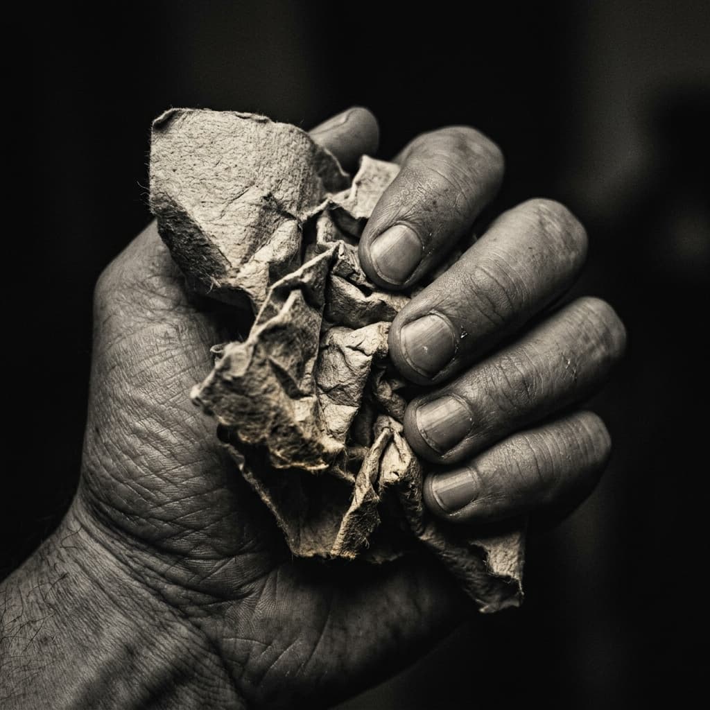 A hand gripping a crumpled piece of paper in dramatic black-and-white macro photography, symbolizing the physical act of releasing tension and intrusive thoughts